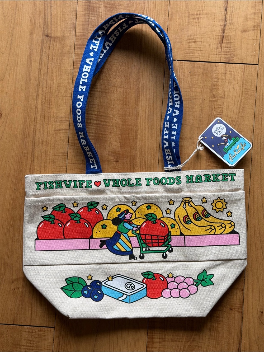 Whole Foods Market Fishwife Canvas Tote Bag in Natural with Blue Handles - Picture 3 of 11